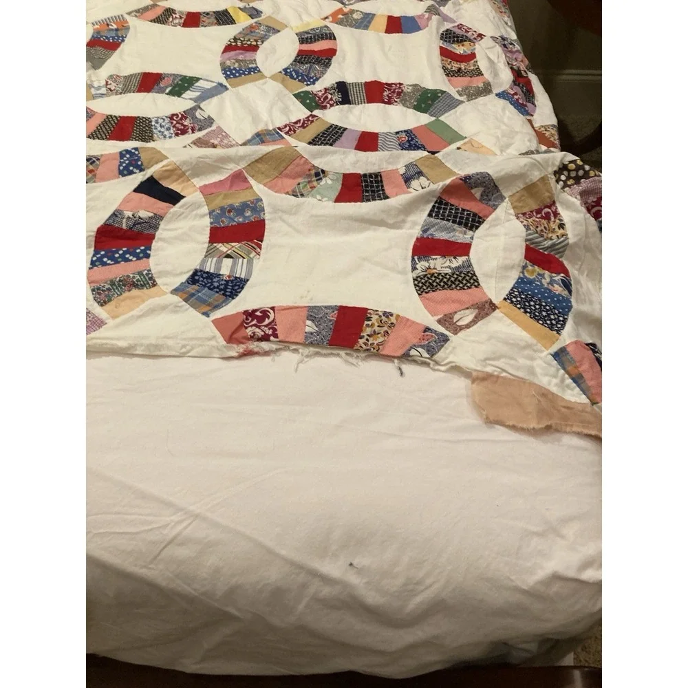 Vintage Handmade Double Wedding Quilt Topper Unfinished Patchwork 60
